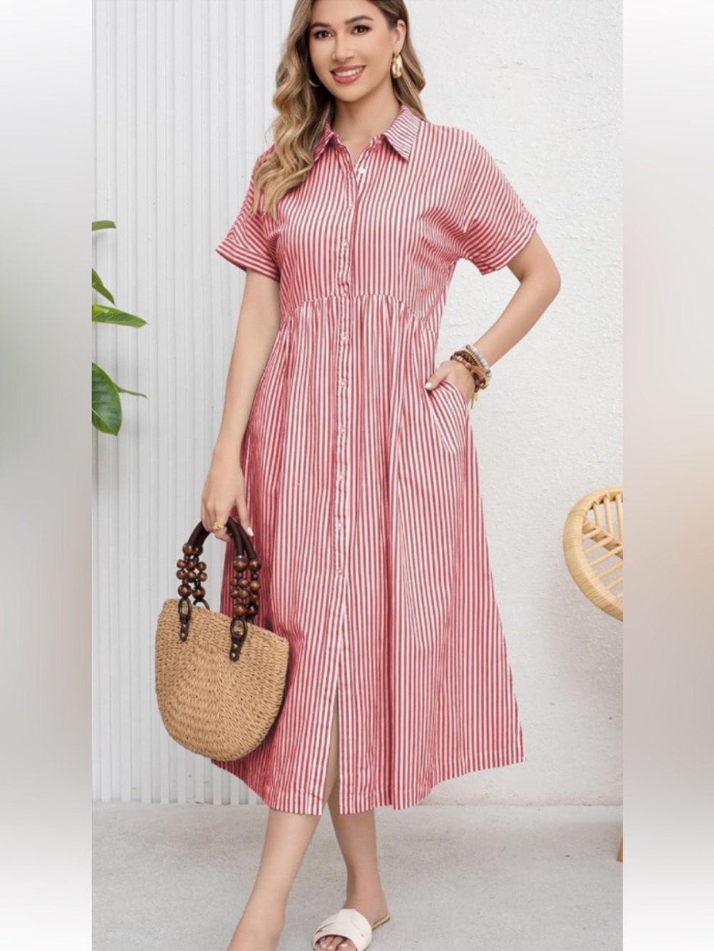 CHOUYATOU Red and White Vertical Stripe Button-Up Midi Dress WITH POCKETS NWT L